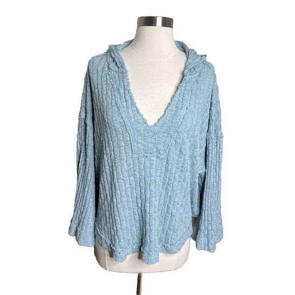 Free People Sweater Womens XS Blue Baja Babe Hooded Flared Sleeves Oversized - Picture 1 of 9